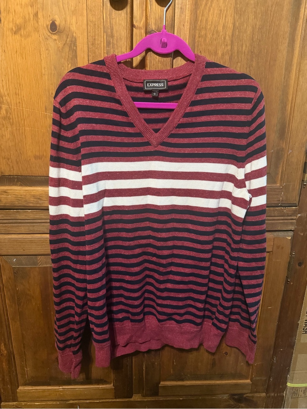 Express Men's V-Neck Striped Sweater - Burgundy, Black, White